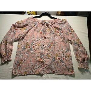Astrologie Pink Floral Peasant Blouse XL Button Front Smocked Cuff Ruffle Neck